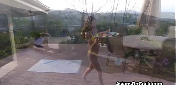  Short Asian bikini teen babe slides on big white cock